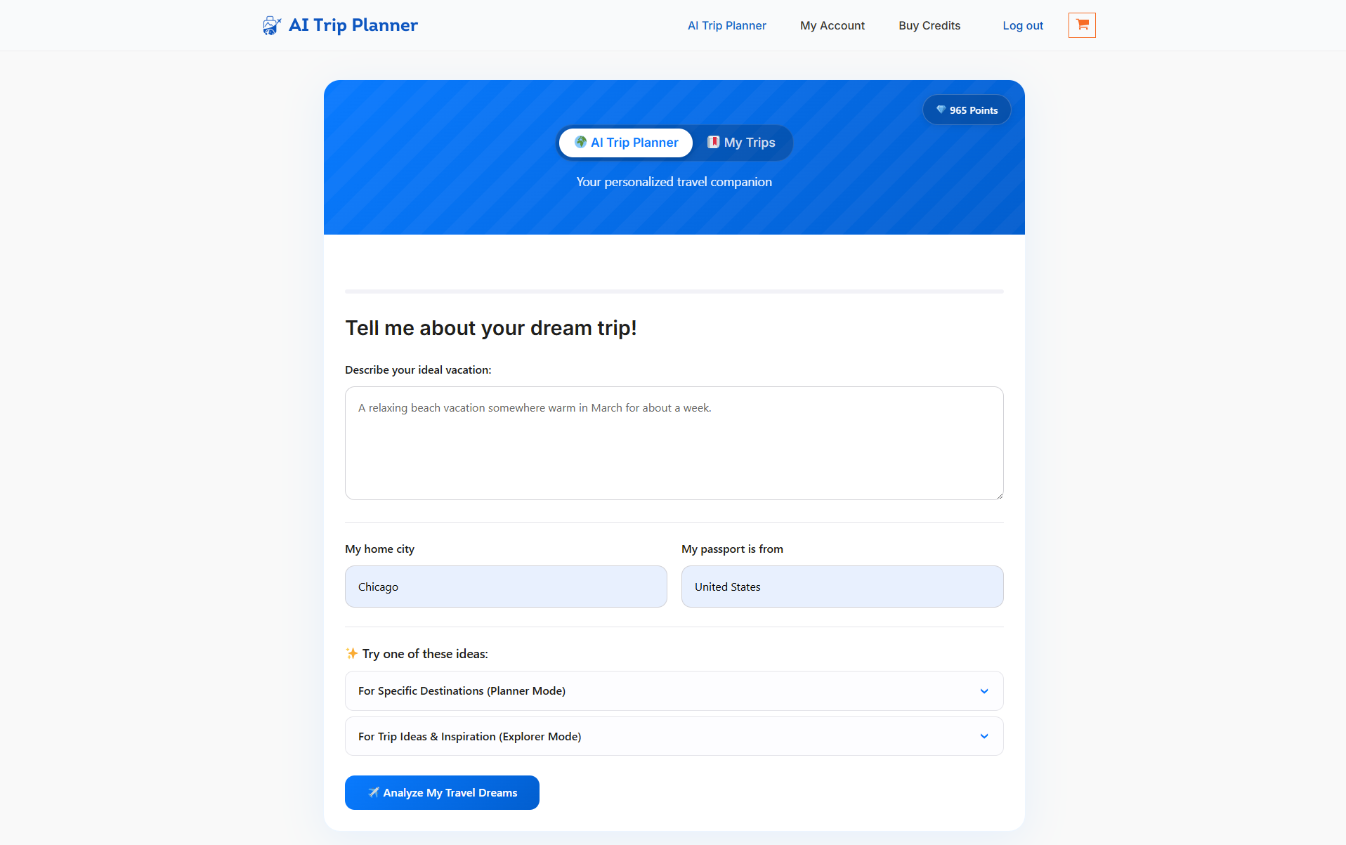 AI Trip Planner interface showing a user typing a vague idea for a trip.